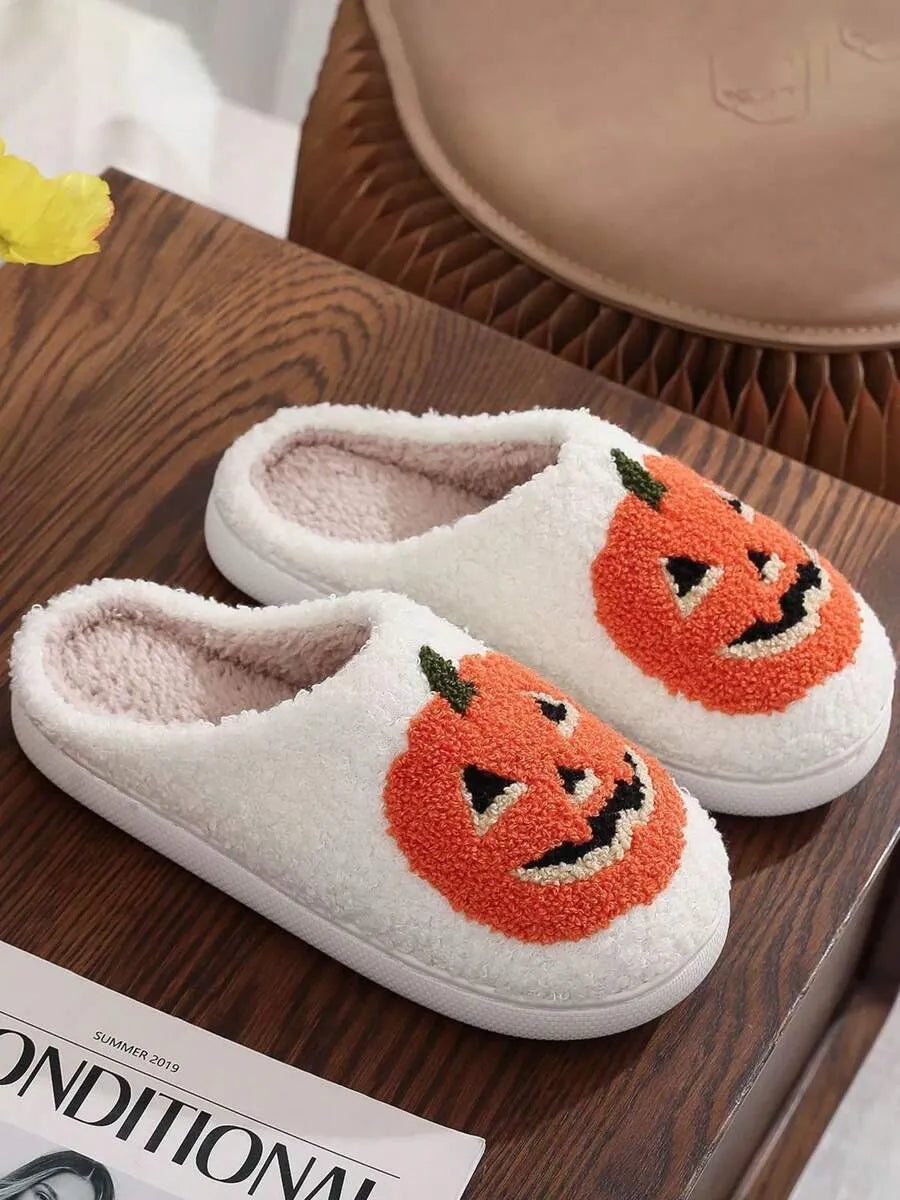 Halloween New Cartoon Pumpkin Thermal Slippers For Men & Women, Casual Home Wear, Suitable For Autumn & Winter