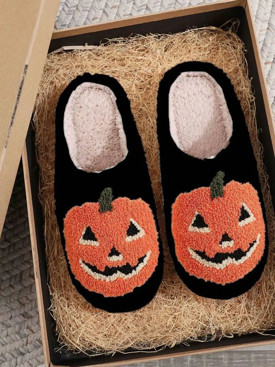 Halloween New Cartoon Pumpkin Thermal Slippers For Men & Women, Casual Home Wear, Suitable For Autumn & Winter