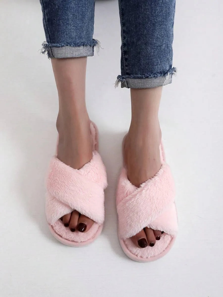 New Fashion Cross Strap Fluffy Women's Indoor Slippers, Minimalist Quiet Home Furry Slides
