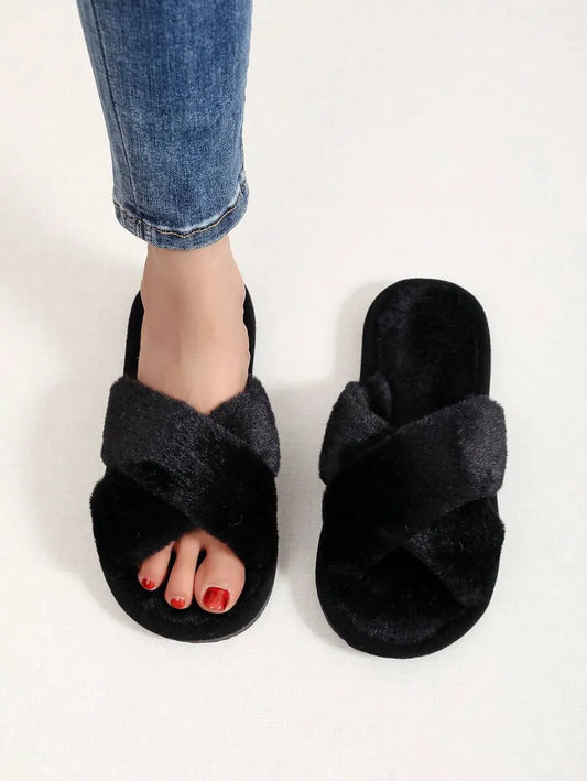 New Fashion Cross Strap Fluffy Women's Indoor Slippers, Minimalist Quiet Home Furry Slides