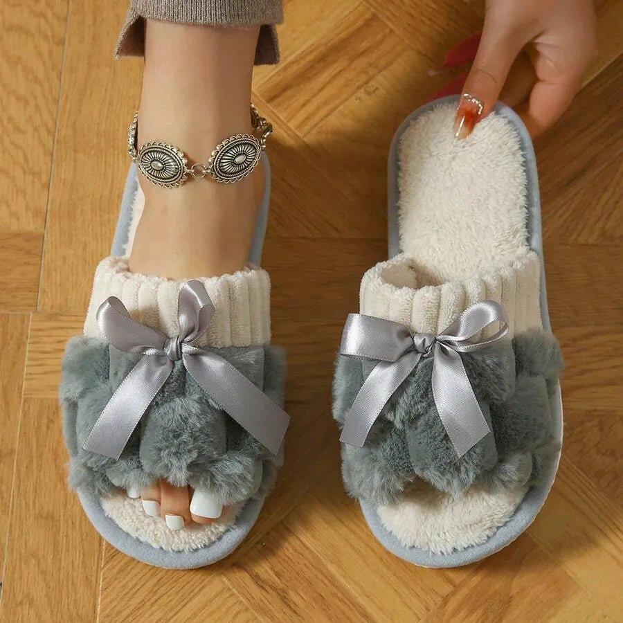 Women's Bunny Fur Bowknot Design Slide Slippers, Comfortable Open Toe Solid Plush Home Shoes For Bedroom Or Floor
