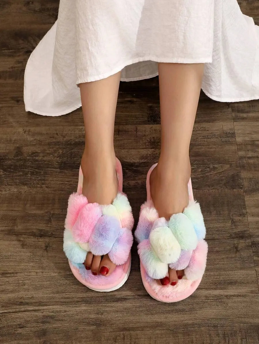 New Fashion Cross Strap Fluffy Women's Indoor Slippers, Minimalist Quiet Home Furry Slides