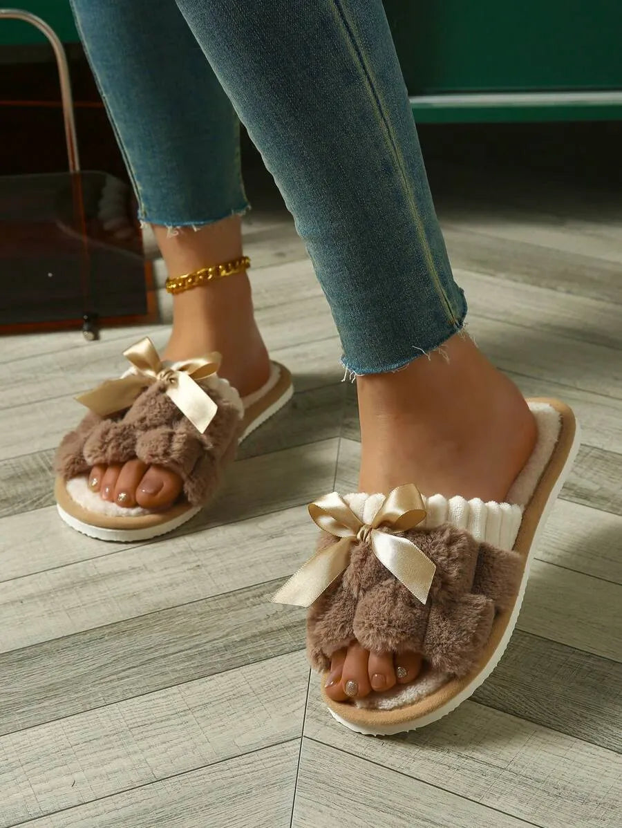 Women's Bunny Fur Bowknot Design Slide Slippers, Comfortable Open Toe Solid Plush Home Shoes For Bedroom Or Floor