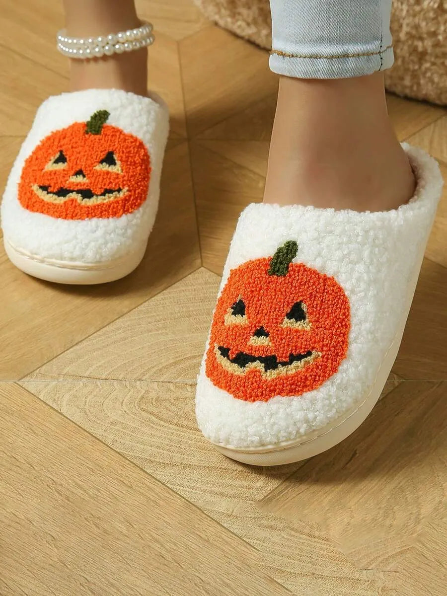Halloween New Cartoon Pumpkin Thermal Slippers For Men & Women, Casual Home Wear, Suitable For Autumn & Winter