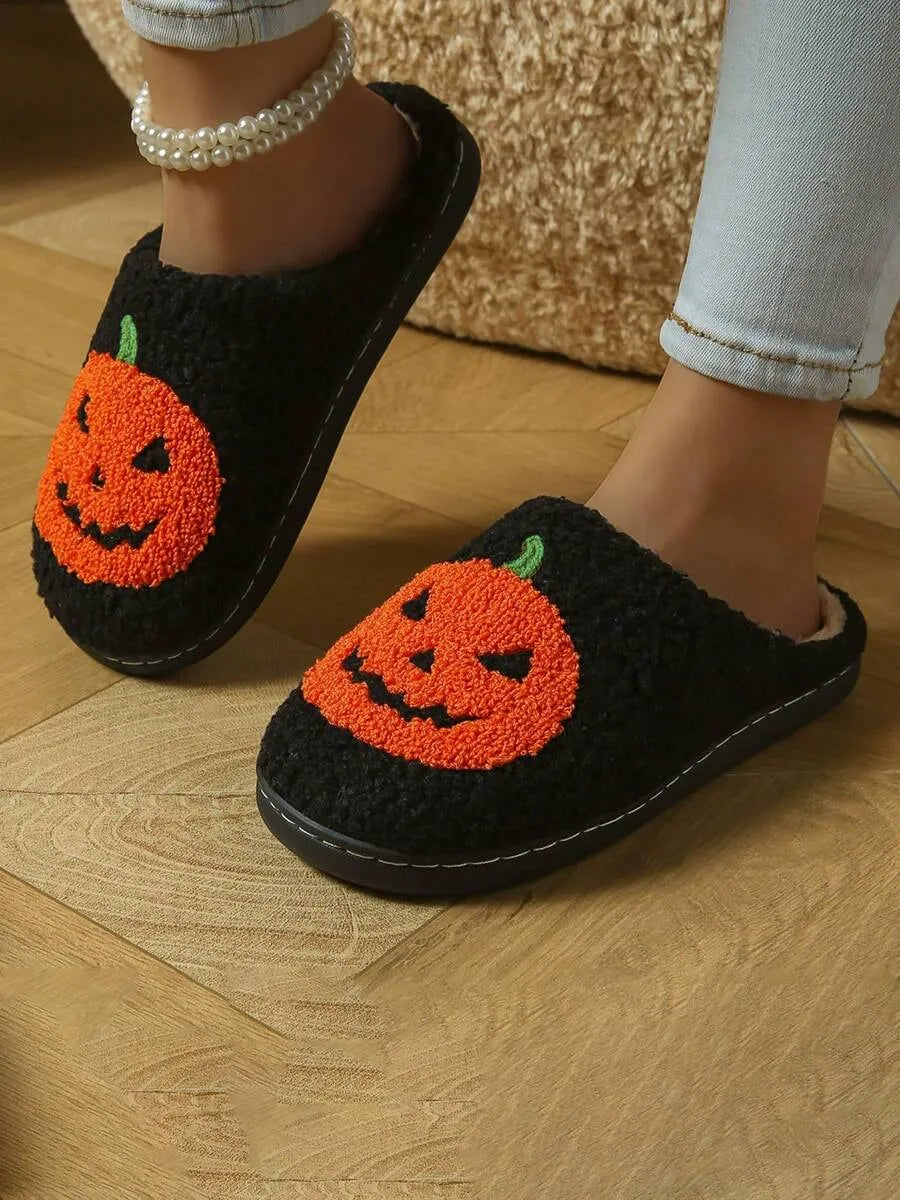 Halloween New Cartoon Pumpkin Thermal Slippers For Men & Women, Casual Home Wear, Suitable For Autumn & Winter