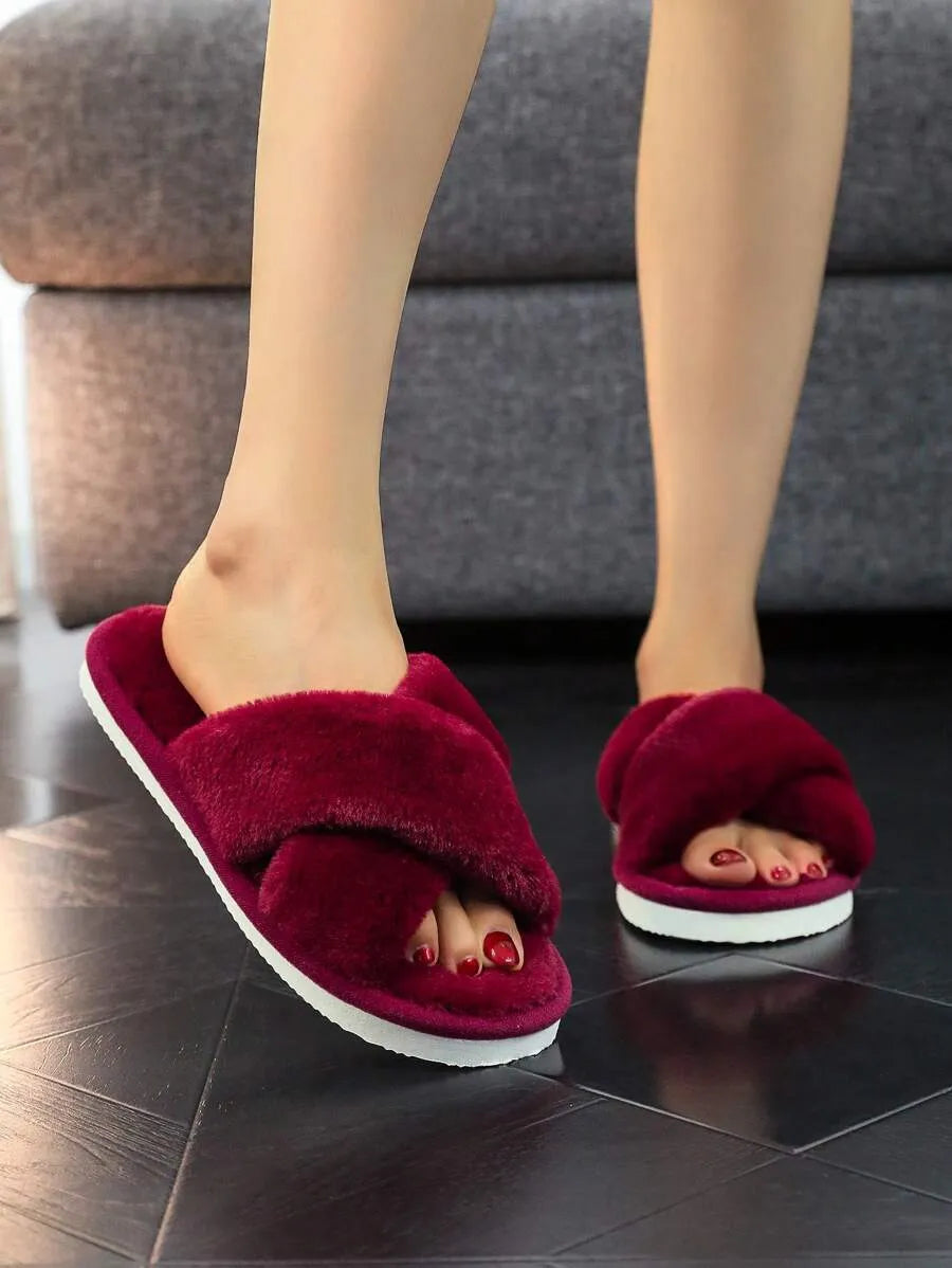 New Fashion Cross Strap Fluffy Women's Indoor Slippers, Minimalist Quiet Home Furry Slides
