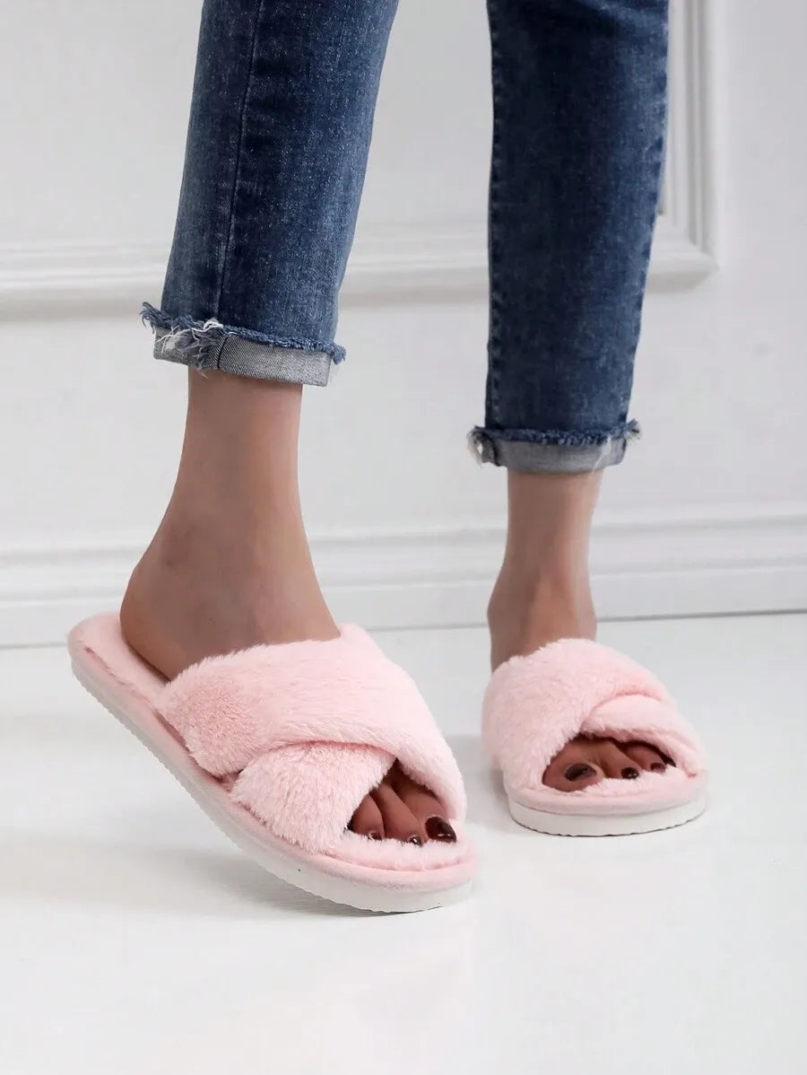 New Fashion Cross Strap Fluffy Women's Indoor Slippers, Minimalist Quiet Home Furry Slides