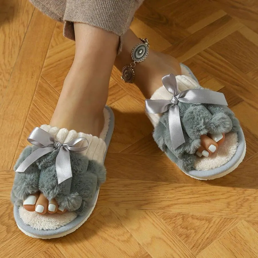 Women's Bunny Fur Bowknot Design Slide Slippers, Comfortable Open Toe Solid Plush Home Shoes For Bedroom Or Floor