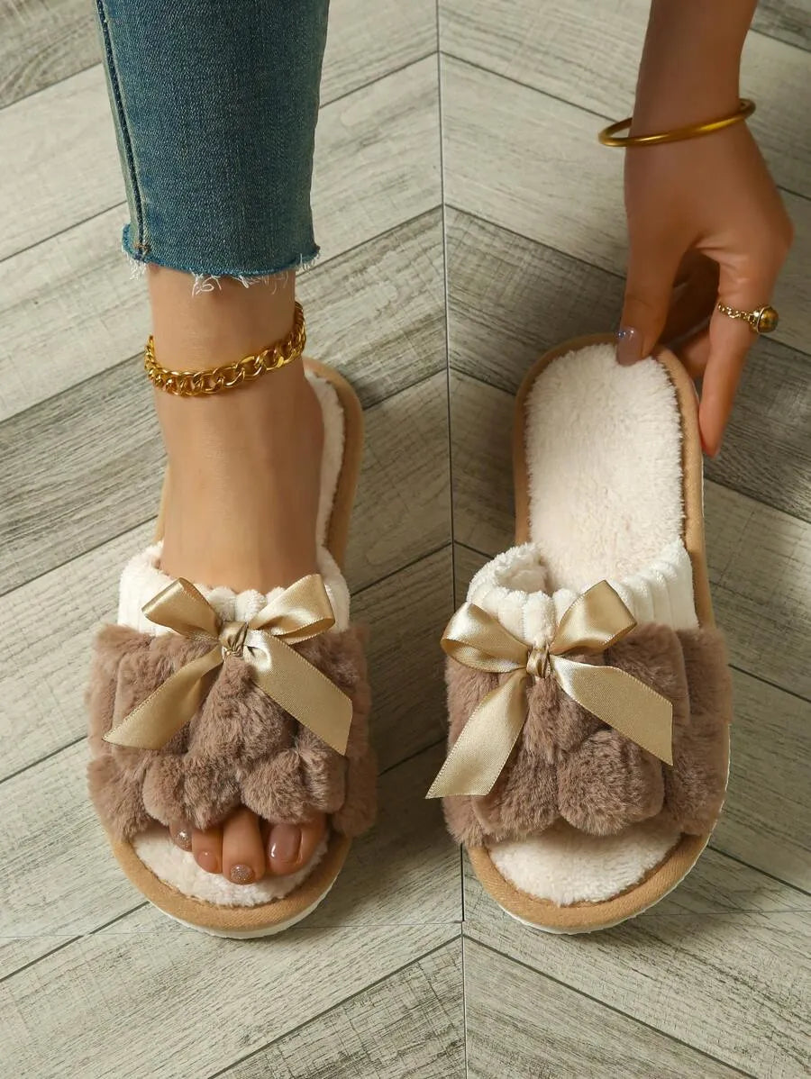 Women's Bunny Fur Bowknot Design Slide Slippers, Comfortable Open Toe Solid Plush Home Shoes For Bedroom Or Floor