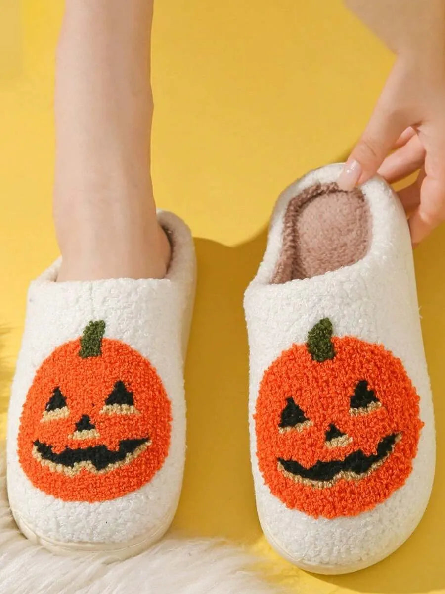 Halloween New Cartoon Pumpkin Thermal Slippers For Men & Women, Casual Home Wear, Suitable For Autumn & Winter