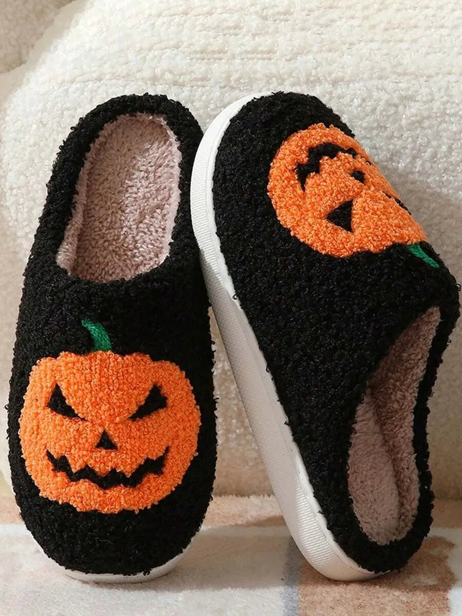 Halloween New Cartoon Pumpkin Thermal Slippers For Men & Women, Casual Home Wear, Suitable For Autumn & Winter
