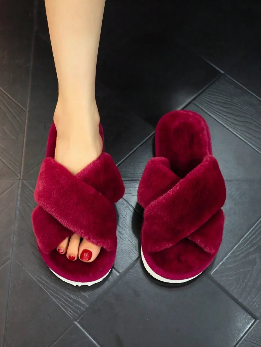 New Fashion Cross Strap Fluffy Women's Indoor Slippers, Minimalist Quiet Home Furry Slides