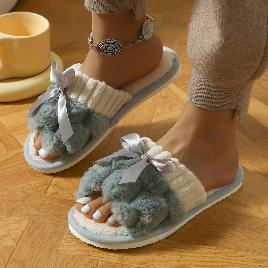 Women's Bunny Fur Bowknot Design Slide Slippers, Comfortable Open Toe Solid Plush Home Shoes For Bedroom Or Floor