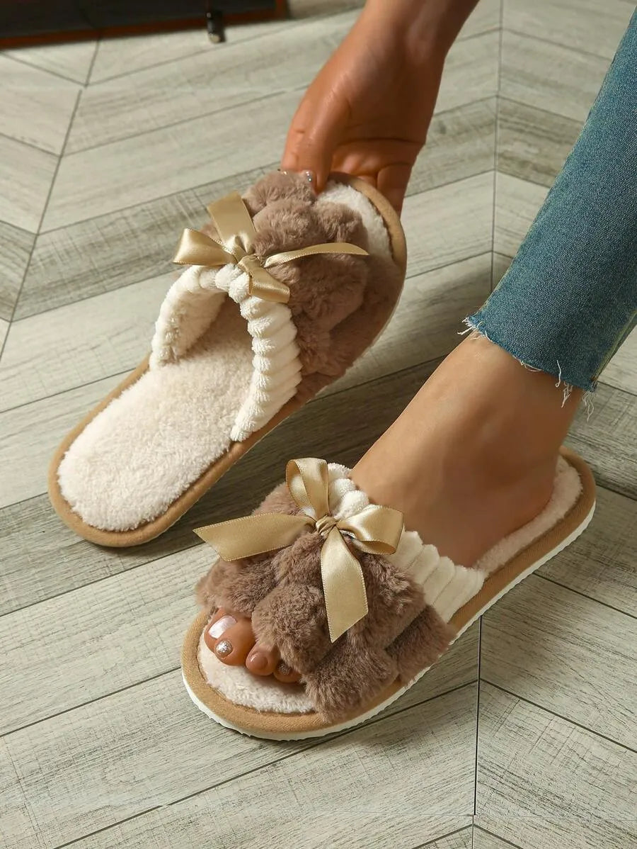 Women's Bunny Fur Bowknot Design Slide Slippers, Comfortable Open Toe Solid Plush Home Shoes For Bedroom Or Floor