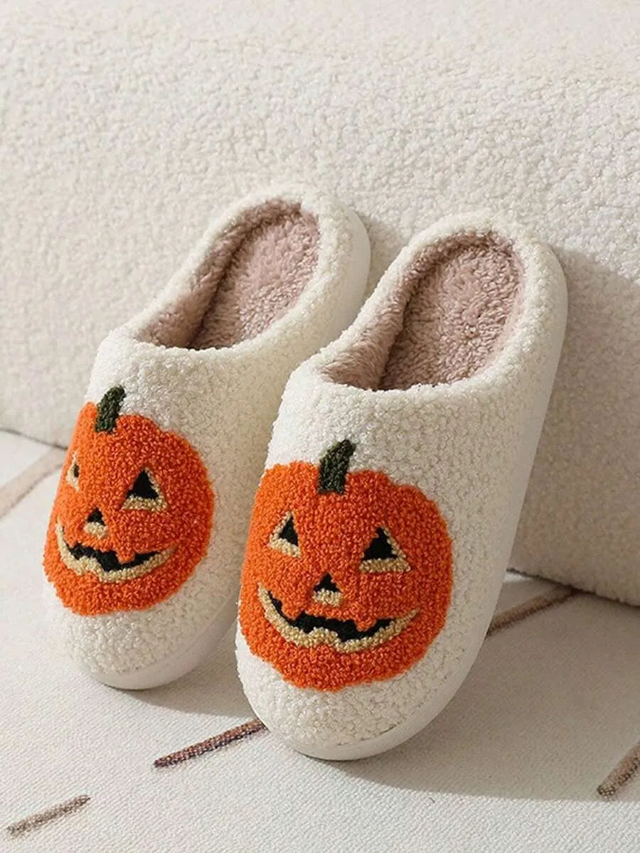 Halloween New Cartoon Pumpkin Thermal Slippers For Men & Women, Casual Home Wear, Suitable For Autumn & Winter