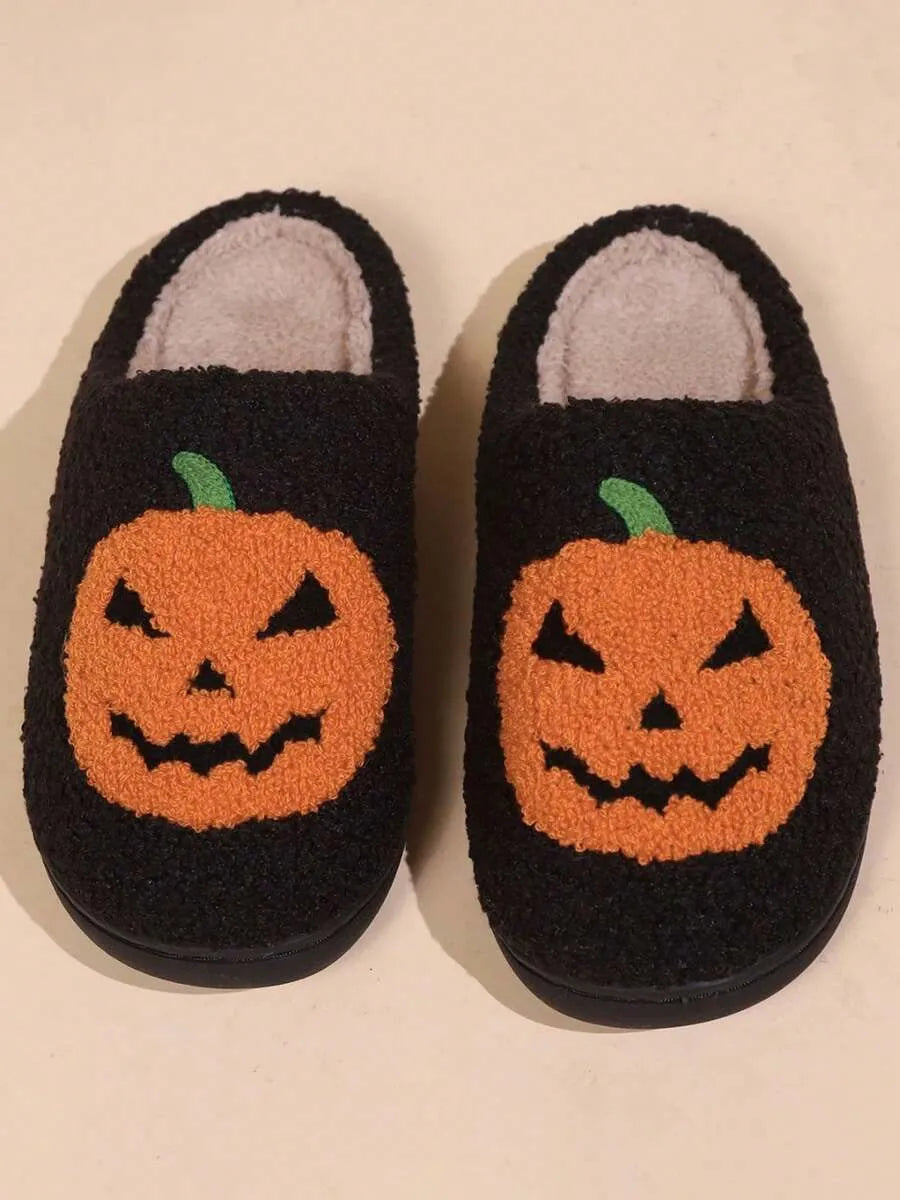 Halloween New Cartoon Pumpkin Thermal Slippers For Men & Women, Casual Home Wear, Suitable For Autumn & Winter