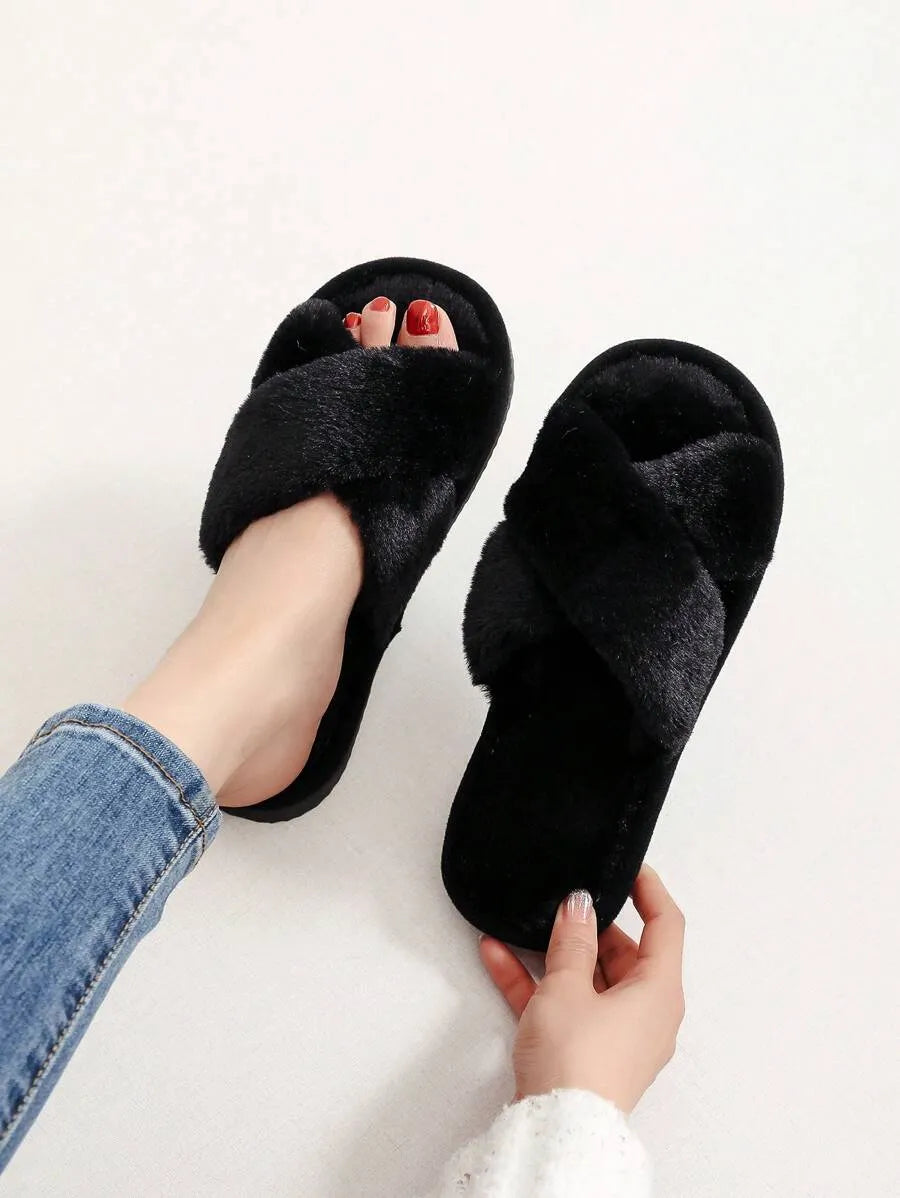 New Fashion Cross Strap Fluffy Women's Indoor Slippers, Minimalist Quiet Home Furry Slides