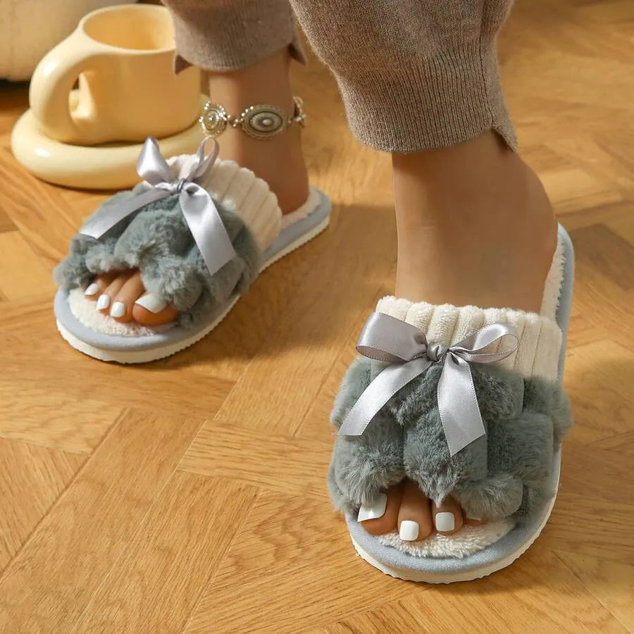 Women's Bunny Fur Bowknot Design Slide Slippers, Comfortable Open Toe Solid Plush Home Shoes For Bedroom Or Floor