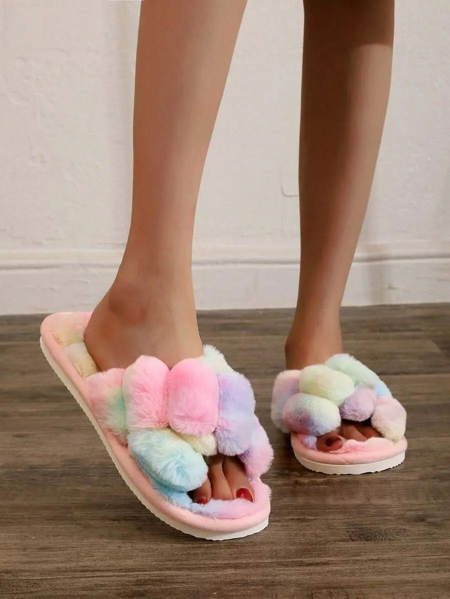 New Fashion Cross Strap Fluffy Women's Indoor Slippers, Minimalist Quiet Home Furry Slides