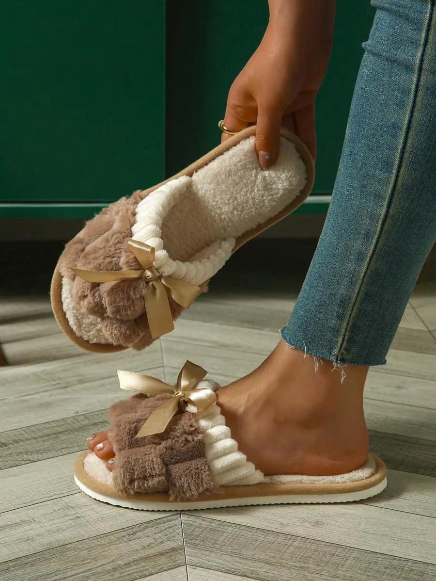 Women's Bunny Fur Bowknot Design Slide Slippers, Comfortable Open Toe Solid Plush Home Shoes For Bedroom Or Floor
