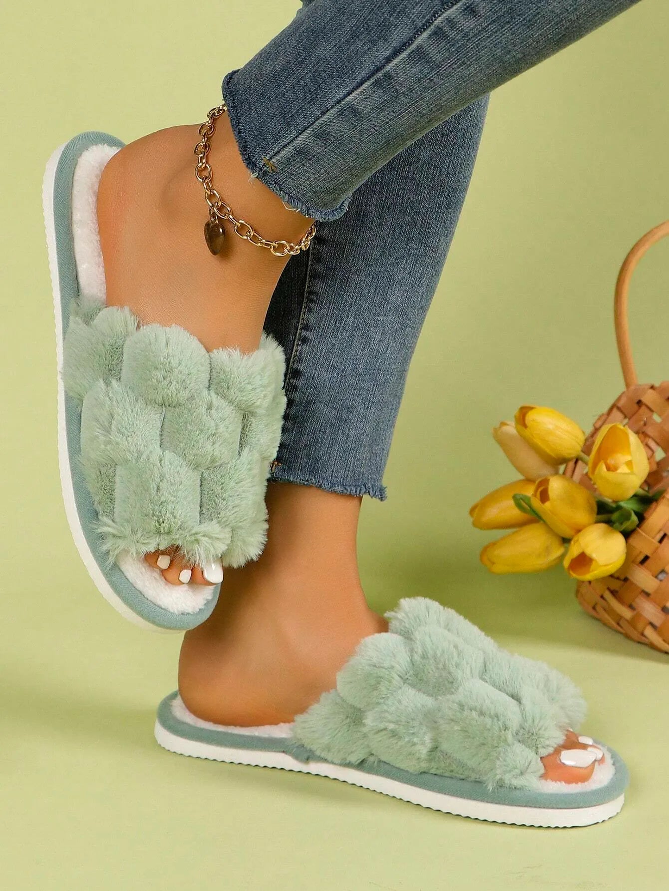 Women’s Furry House Slippers, Breathable Open-Toe Slip-On, Suitable for All Seasons