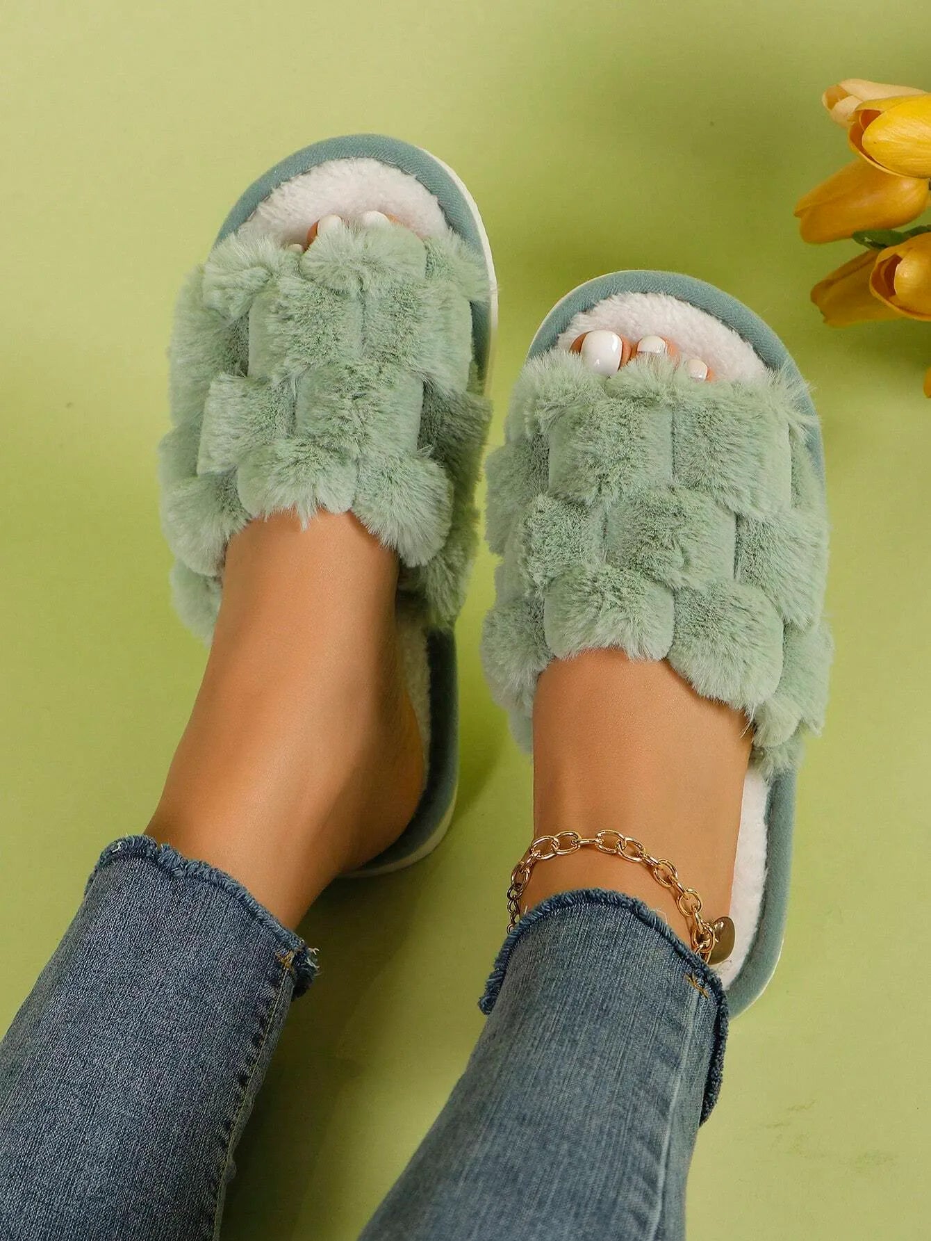 Women’s Furry House Slippers, Breathable Open-Toe Slip-On, Suitable for All Seasons