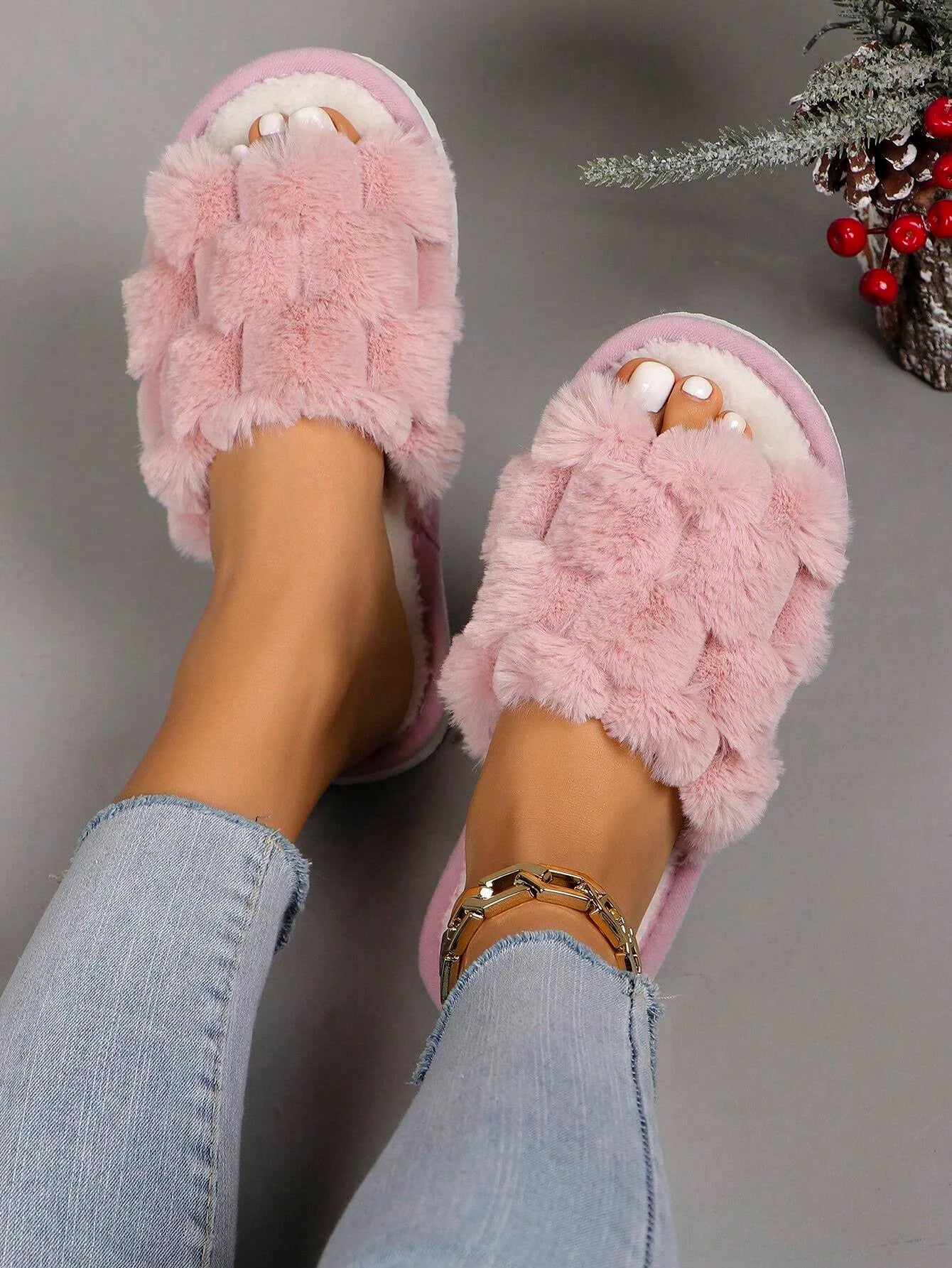 Women’s Furry House Slippers, Breathable Open-Toe Slip-On, Suitable for All Seasons