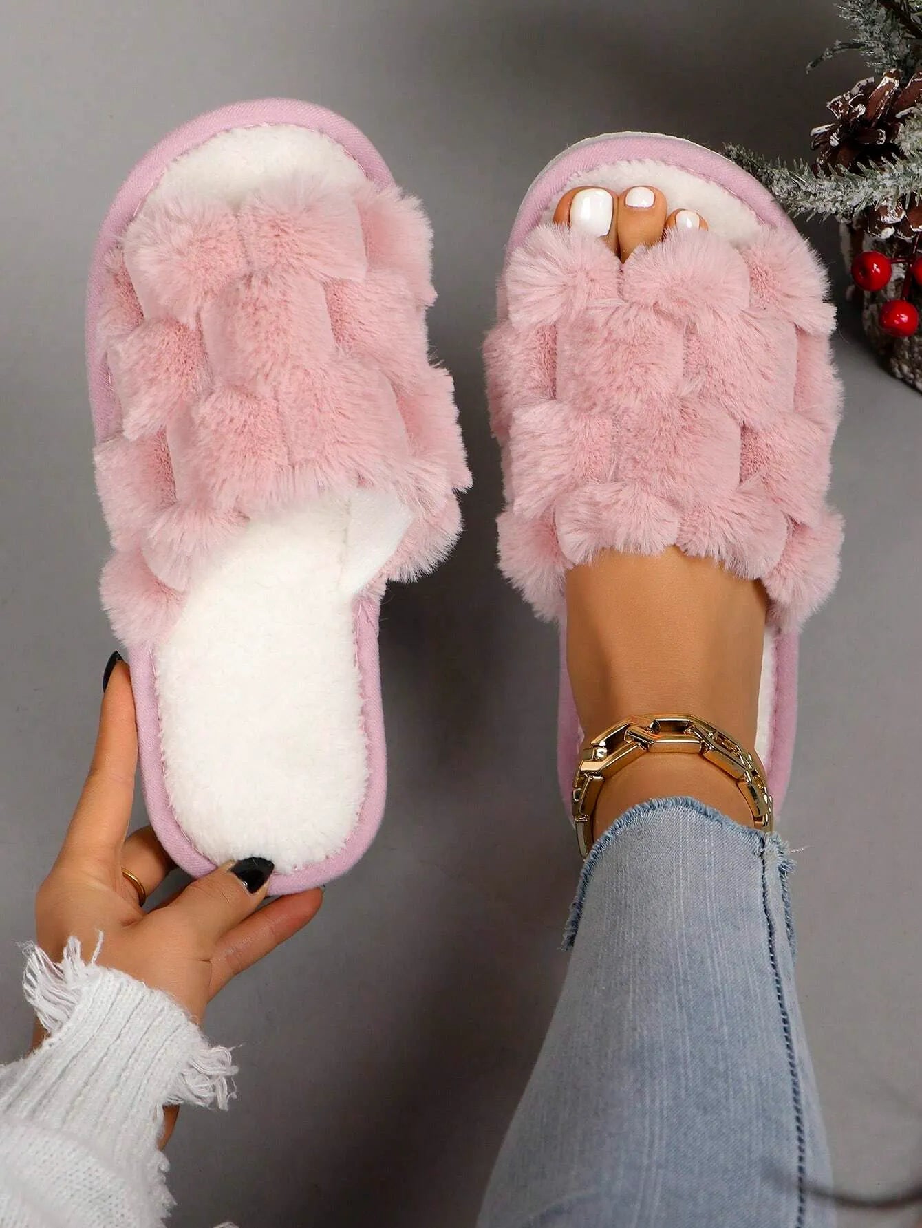 Women’s Furry House Slippers, Breathable Open-Toe Slip-On, Suitable for All Seasons