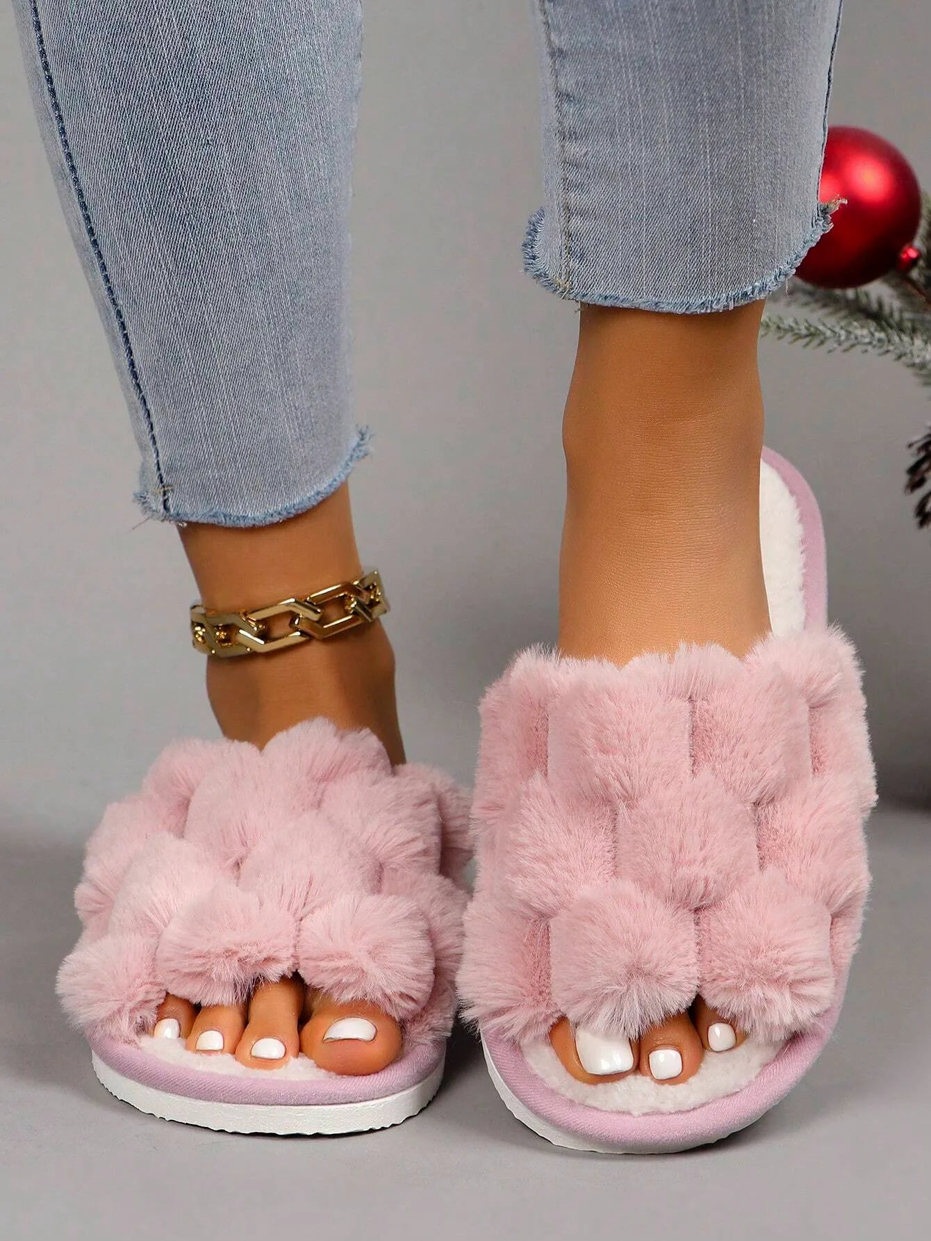 Women’s Furry House Slippers, Breathable Open-Toe Slip-On, Suitable for All Seasons