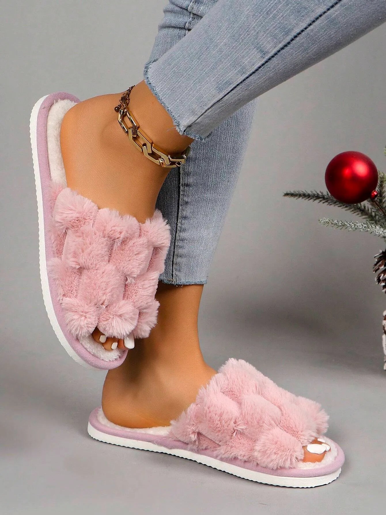 Women’s Furry House Slippers, Breathable Open-Toe Slip-On, Suitable for All Seasons