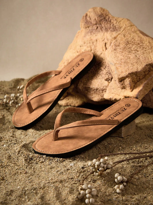 Tropiscape Women's Brown Flat Flip Flops, Fashion Summer Casual Beach Travel TPR Non-Slip Sole Vacay Vibes Vacation Relax Beach Autumn