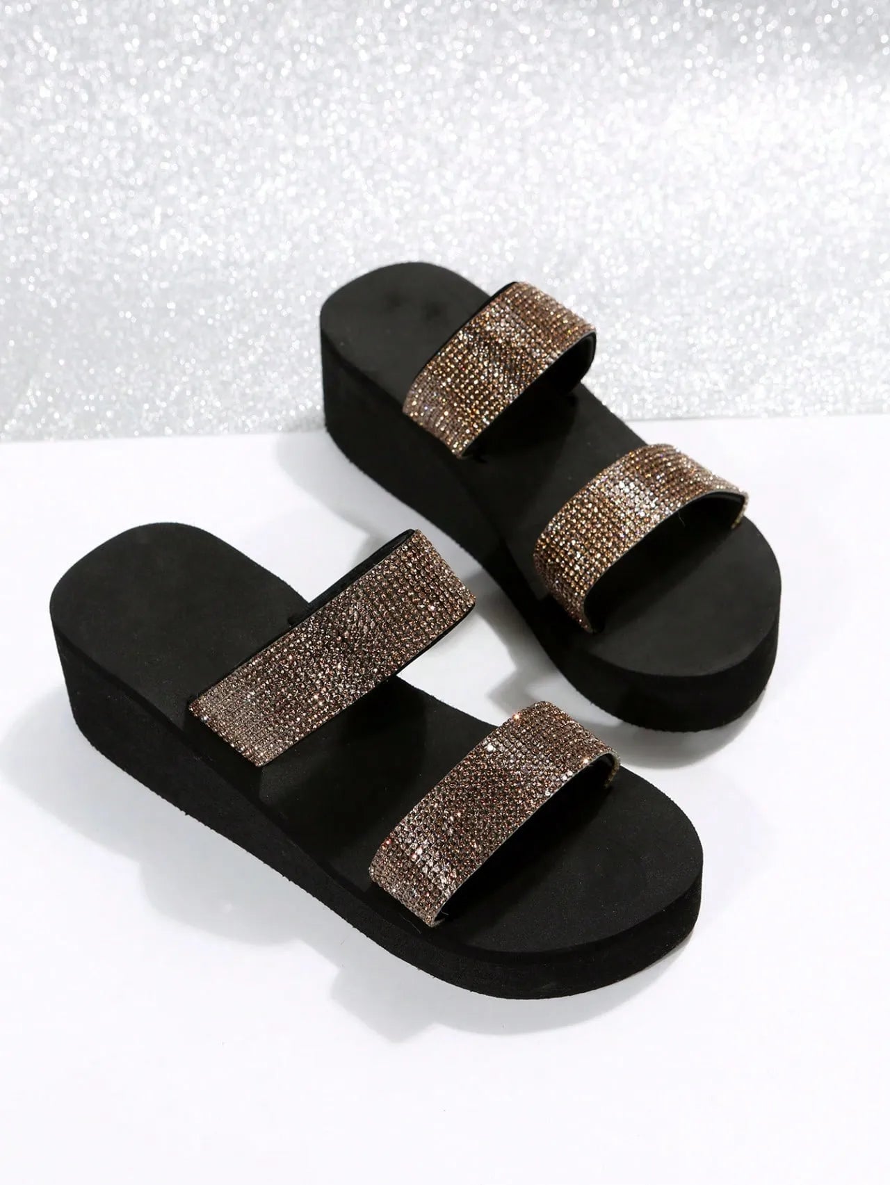 Women Rhinestone Decor Double Strap Slides, Glamorous Outdoor Glass Slides, Platform Sandals, Comfortable Mom Shoes, Plus Size