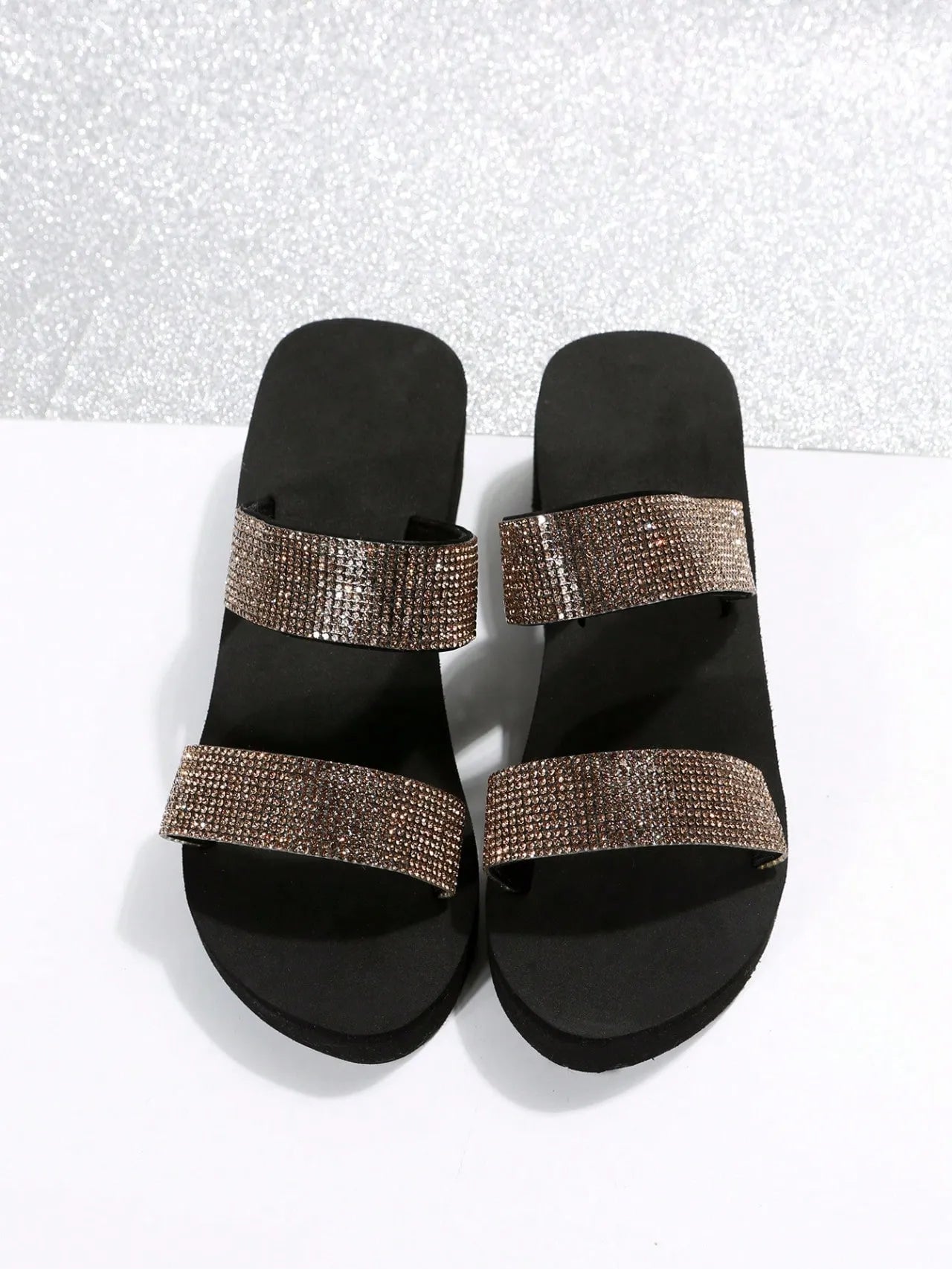 Women Rhinestone Decor Double Strap Slides, Glamorous Outdoor Glass Slides, Platform Sandals, Comfortable Mom Shoes, Plus Size