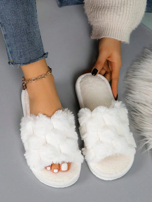 Women’s Furry House Slippers, Breathable Open-Toe Slip-On, Suitable for All Seasons