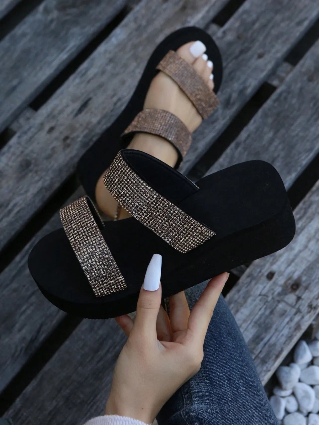 Women Rhinestone Decor Double Strap Slides, Glamorous Outdoor Glass Slides, Platform Sandals, Comfortable Mom Shoes, Plus Size