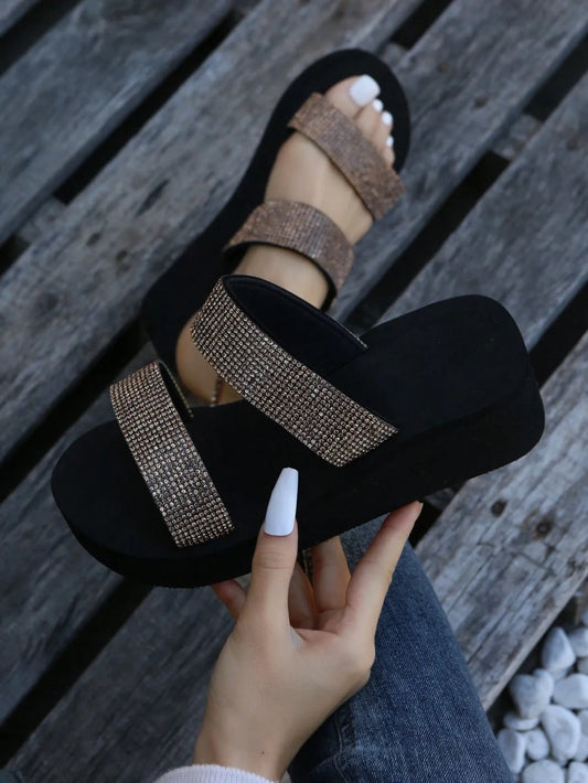 Women Rhinestone Decor Double Strap Slides, Glamorous Outdoor Glass Slides, Platform Sandals, Comfortable Mom Shoes, Plus Size