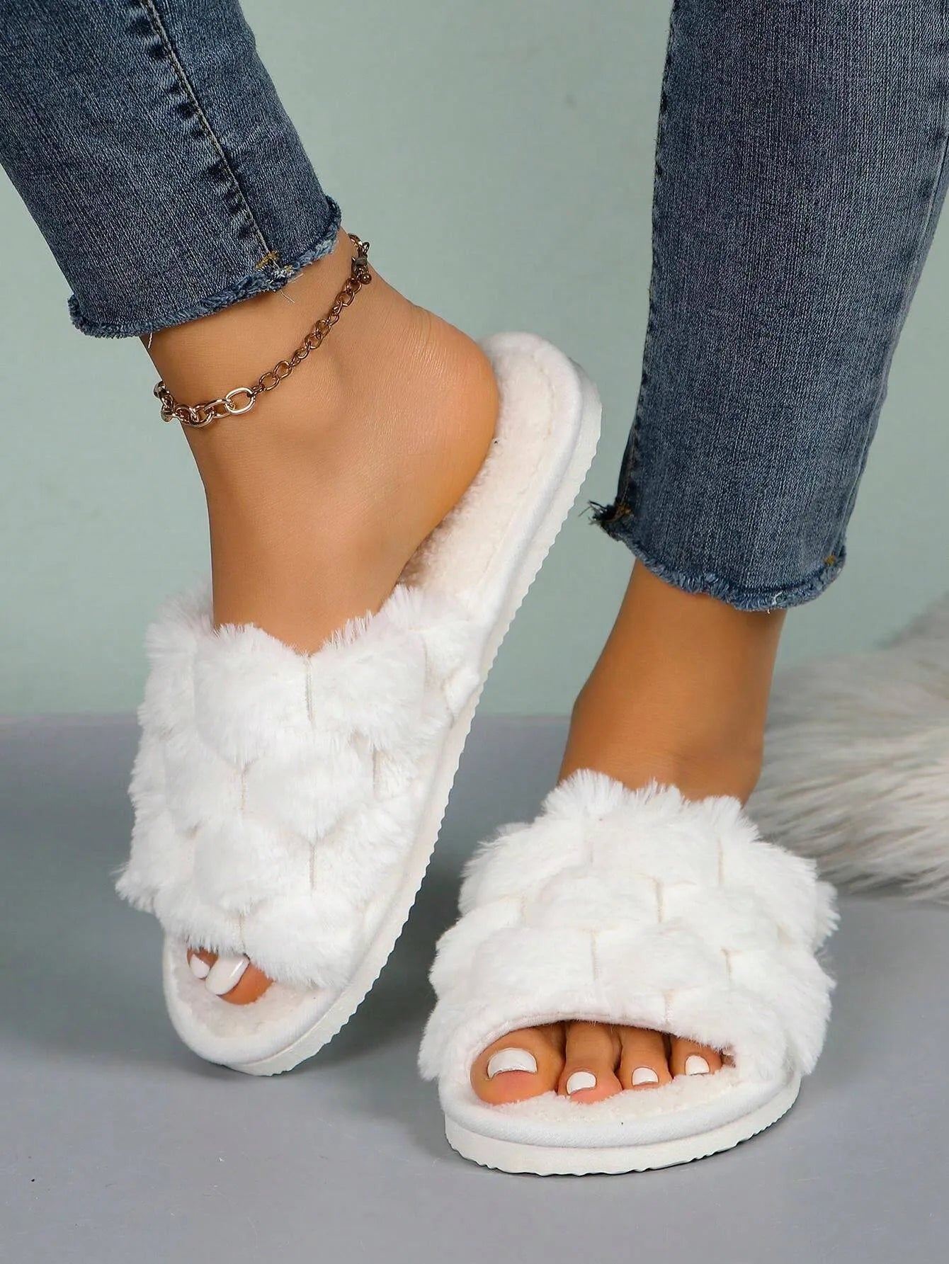 Women’s Furry House Slippers, Breathable Open-Toe Slip-On, Suitable for All Seasons
