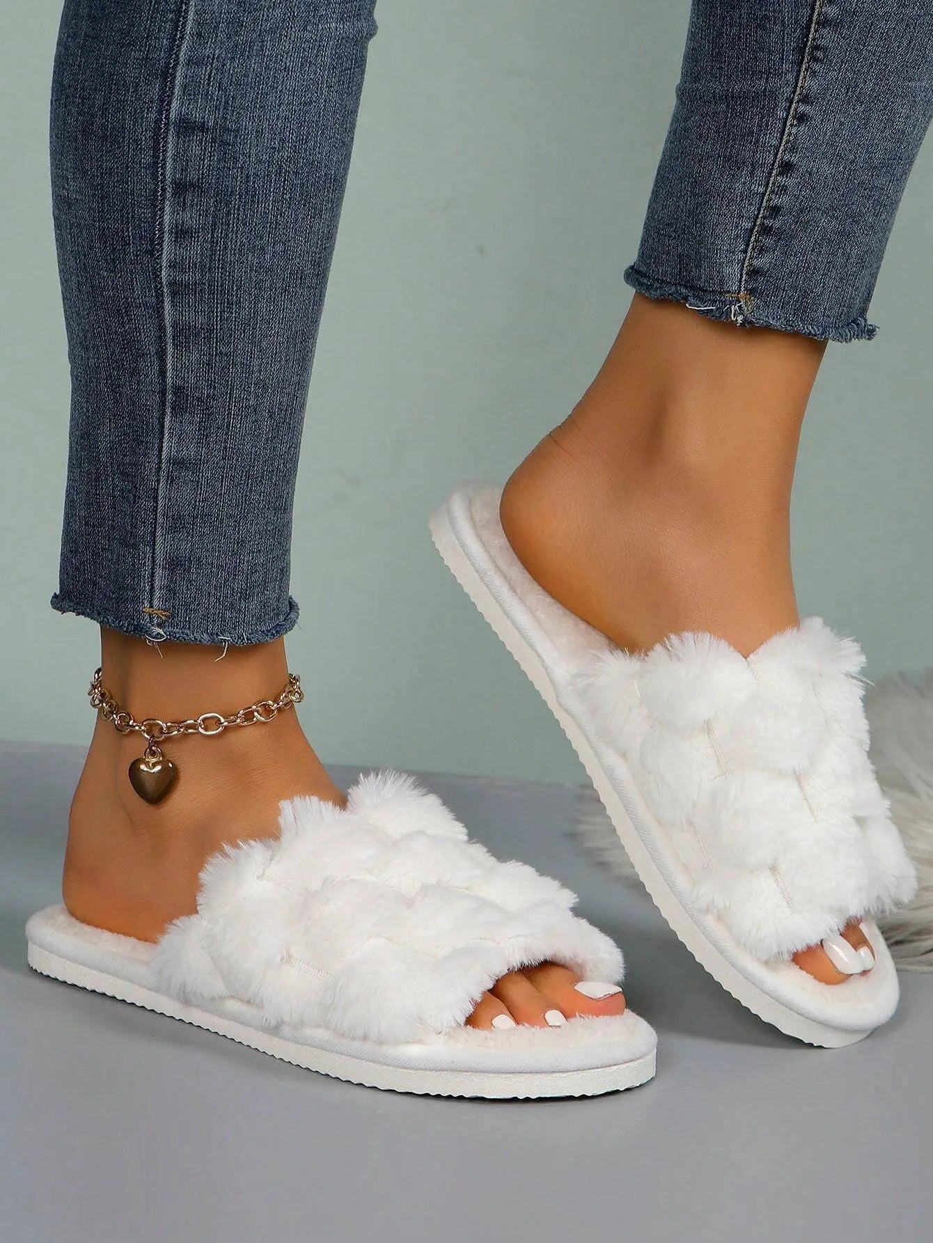Women’s Furry House Slippers, Breathable Open-Toe Slip-On, Suitable for All Seasons