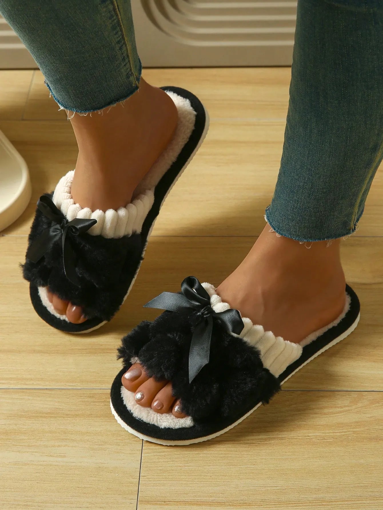 Women's Bunny Fur Bowknot Design Slide Slippers, Comfortable Open Toe Solid Plush Home Shoes For Bedroom Or Floor