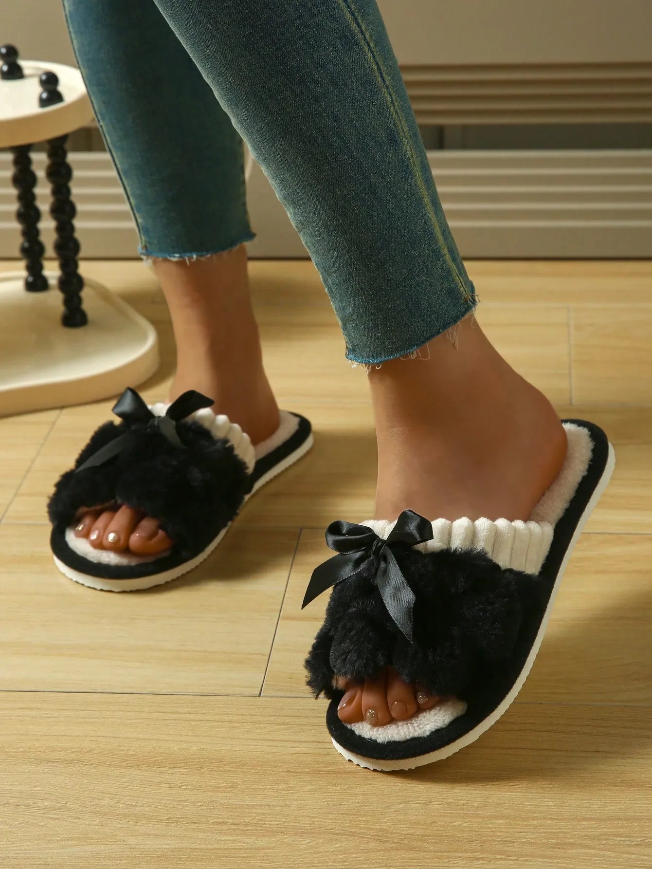 Women's Bunny Fur Bowknot Design Slide Slippers, Comfortable Open Toe Solid Plush Home Shoes For Bedroom Or Floor
