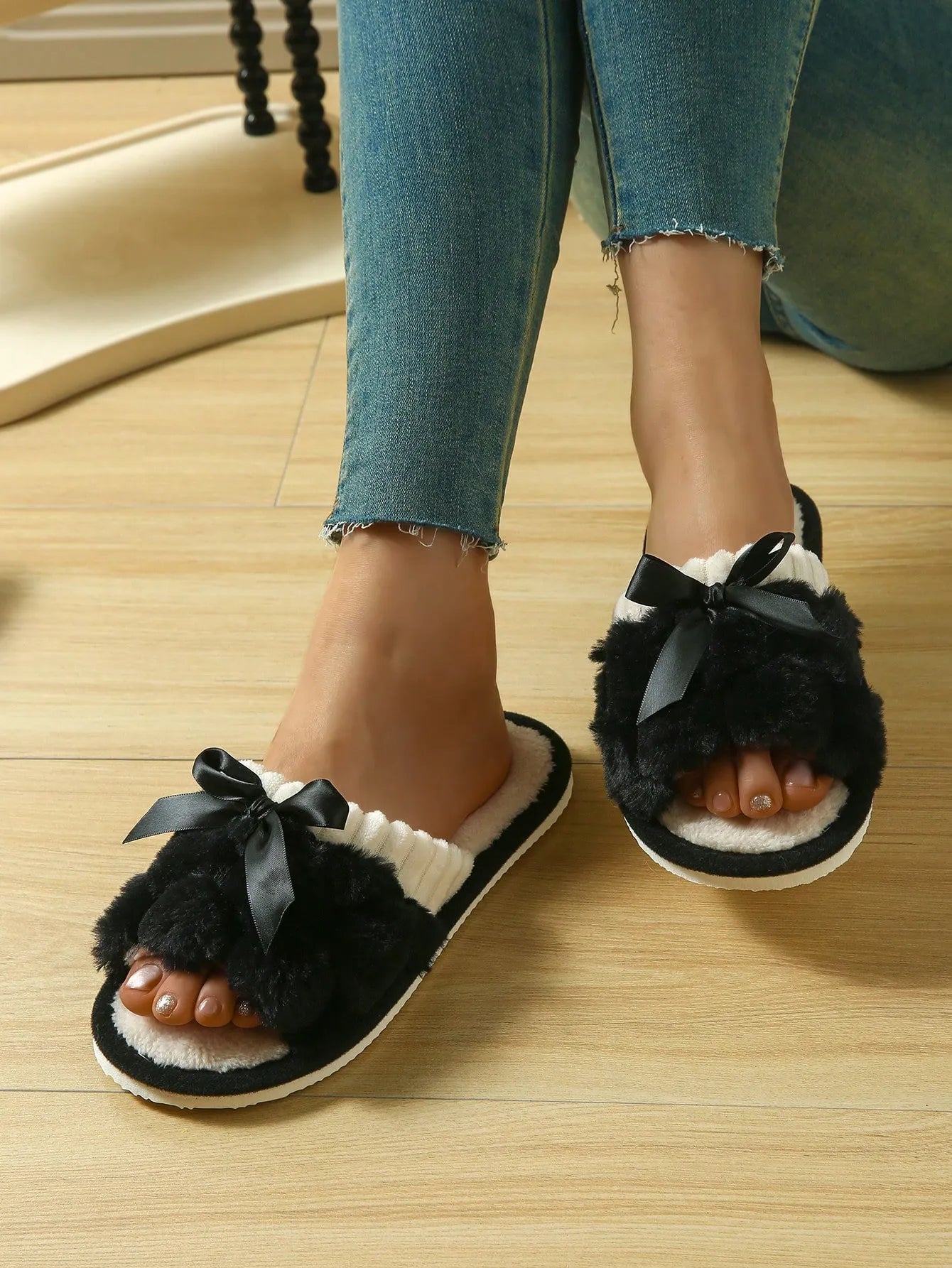 Women's Bunny Fur Bowknot Design Slide Slippers, Comfortable Open Toe Solid Plush Home Shoes For Bedroom Or Floor