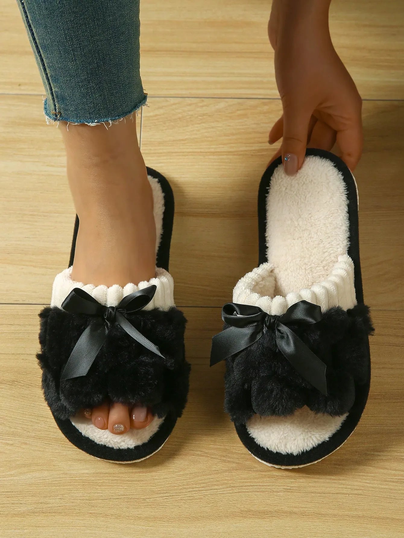 Women's Bunny Fur Bowknot Design Slide Slippers, Comfortable Open Toe Solid Plush Home Shoes For Bedroom Or Floor