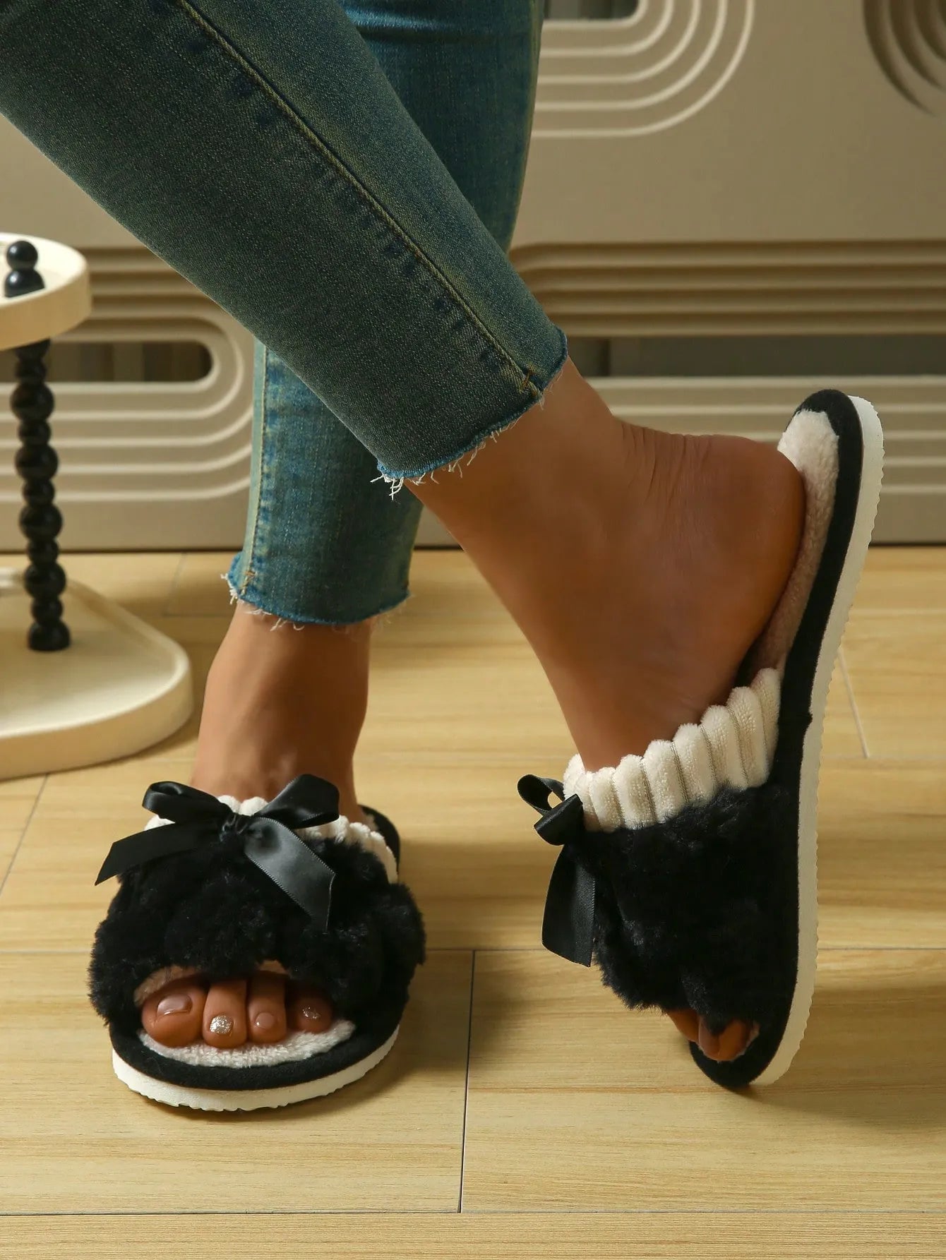Women's Bunny Fur Bowknot Design Slide Slippers, Comfortable Open Toe Solid Plush Home Shoes For Bedroom Or Floor