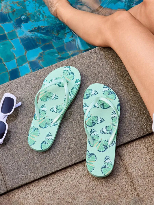 Women's Fashion Fresh Mint Green Butterfly 3D Print Flat Flip Flops With High Elastic Soles, Comfortable For Home, Beach, And Vacation