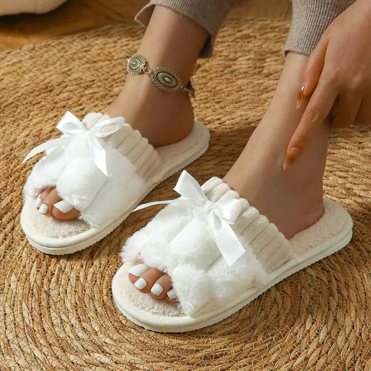Women's Bunny Fur Bowknot Design Slide Slippers, Comfortable Open Toe Solid Plush Home Shoes For Bedroom Or Floor