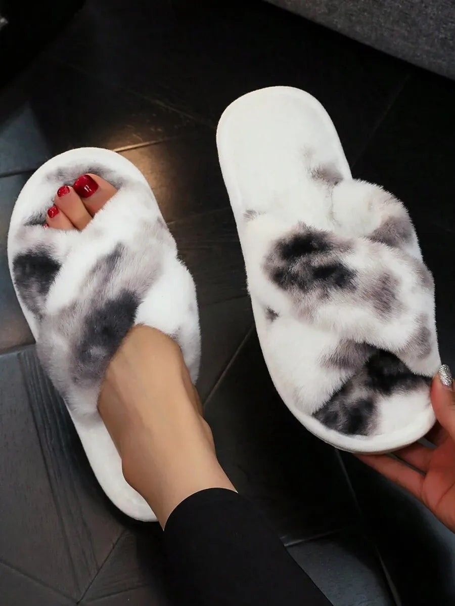 New Fashion Cross Strap Fluffy Women's Indoor Slippers, Minimalist Quiet Home Furry Slides