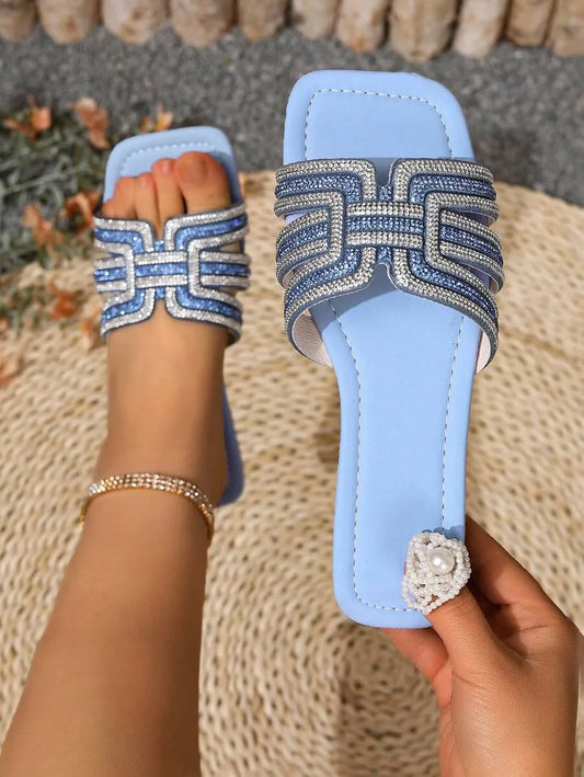Wide Fit Crystal Rhinestone Embellished Comfortable Slippers, Casual Flat Thong Sandals For Women, Korean Style, Suitable For Spring and Summer