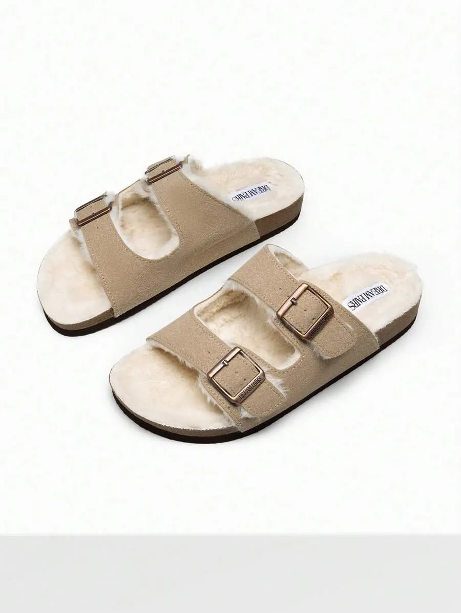 Women Furry Slippers With Metal Buckles Classic Double Straps Autumn Winter Furry Cushioned Comfort Casual Indoor Outdoor Fashion Fuzzy Shoes