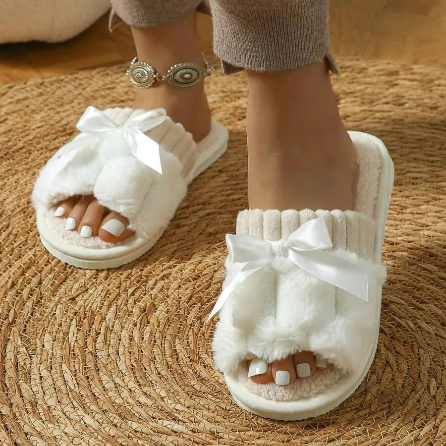 Women's Bunny Fur Bowknot Design Slide Slippers, Comfortable Open Toe Solid Plush Home Shoes For Bedroom Or Floor