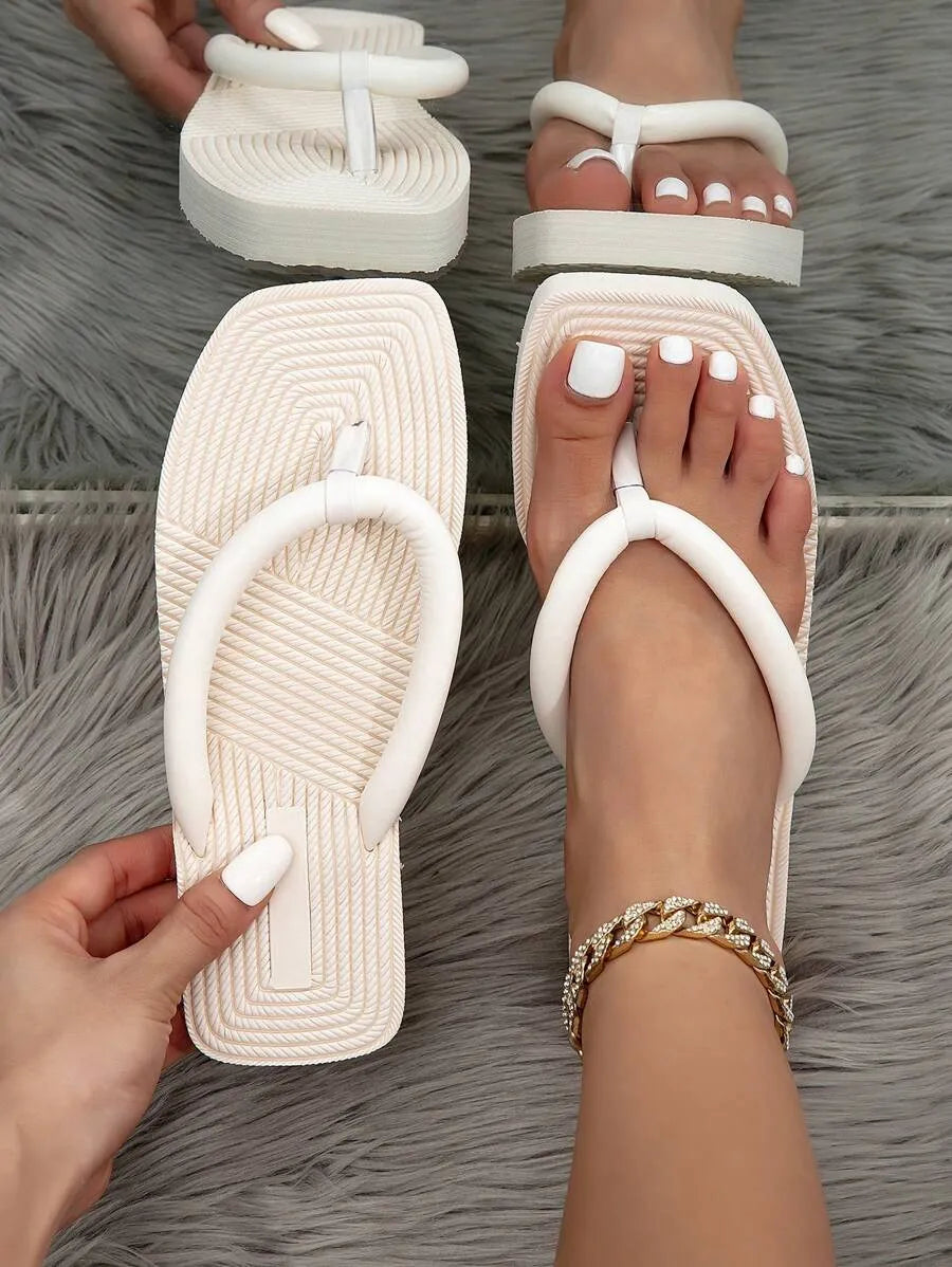 1 Pair Women’s White Solid Color Thong Sandals – Slip-Resistant Casual Beach Flats